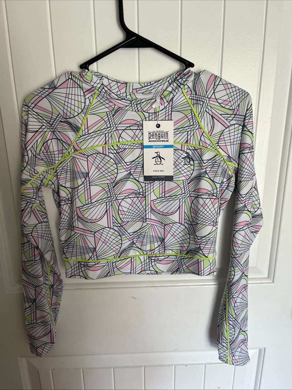 Original Penguin Women's Geometric Long-Sleeve Crop Top White/Pink/Green XS NWT